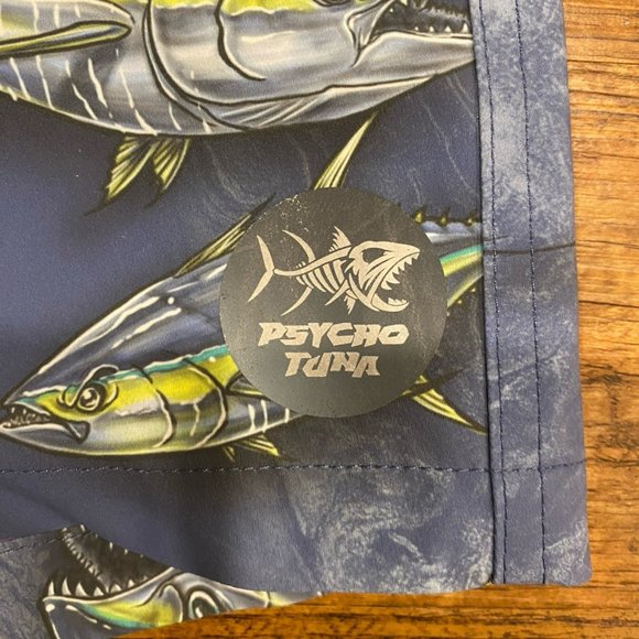 Psycho Tuna Blue Fish Print Vacation Beach Pool Swim Trunks Shorts 6" Men's Med - Picture 4 of 7
